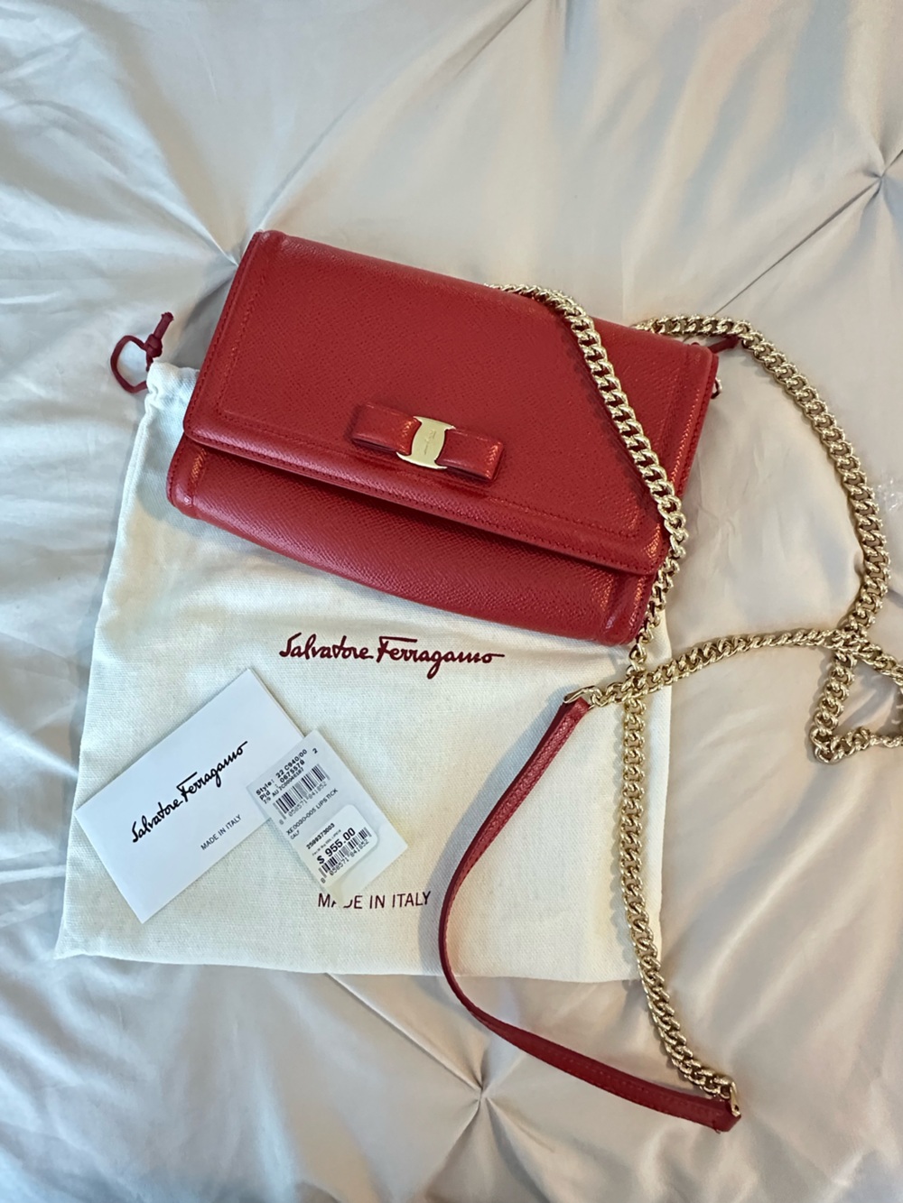 Salvatore Ferragamo Red Leather Crossbody Bag with Gold Chain